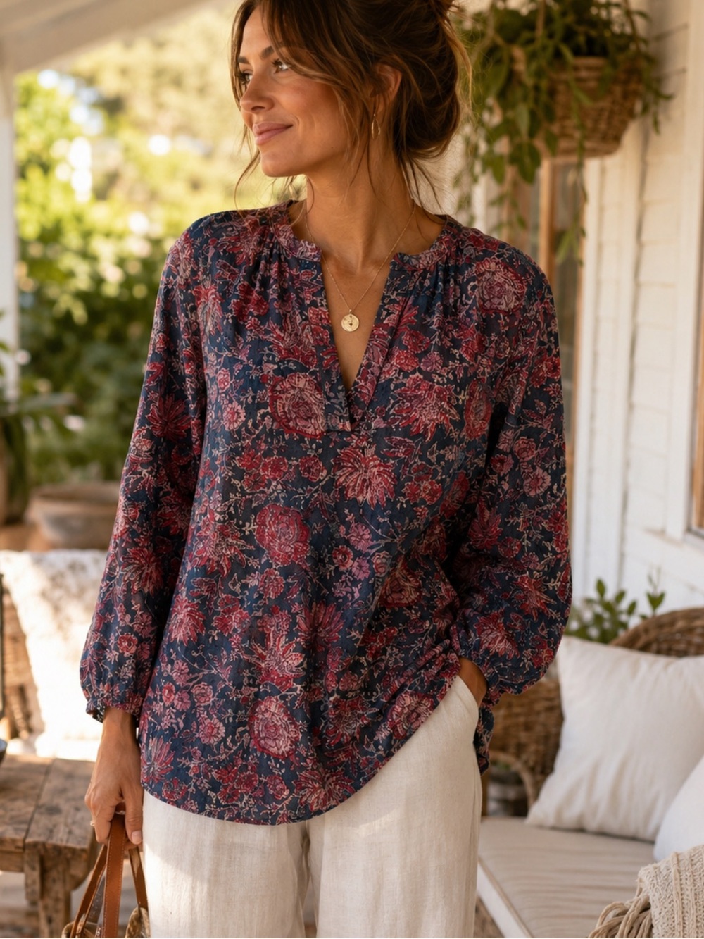 Chaps Denim Boho Cottagecore Floral 100% Cotton Peasant Blouse Women’s M